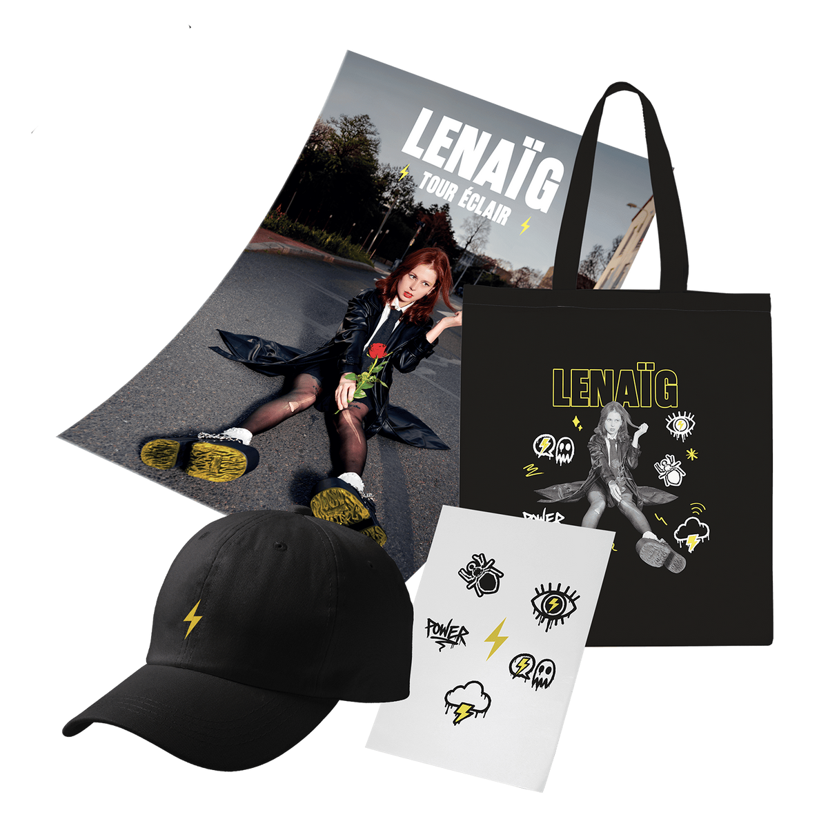 Pack Tour Éclair : Casquette + Tote bag + Tattoos + Affiche Tour